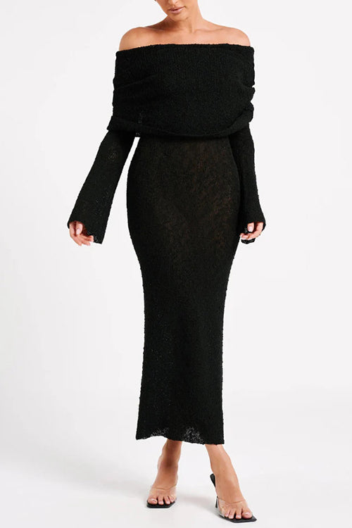 Off Shoulder Long Sleeves Bodycon Knit Maxi Dress