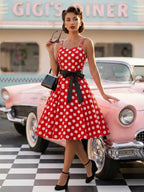 Polka Dot Vintage Midi Swing Dress for Women - 1950s A-Line Belted Rockabilly Slip Sun Dress - Summer Holiday Party 2026