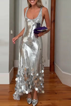 Party Tips Sequin Irregular Round Tassels Hem Back Cutout Tank Maxi Dress