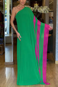 Fashionable Vacation Chiffon Color-blocked One Shoulder Loose Maxi Dress