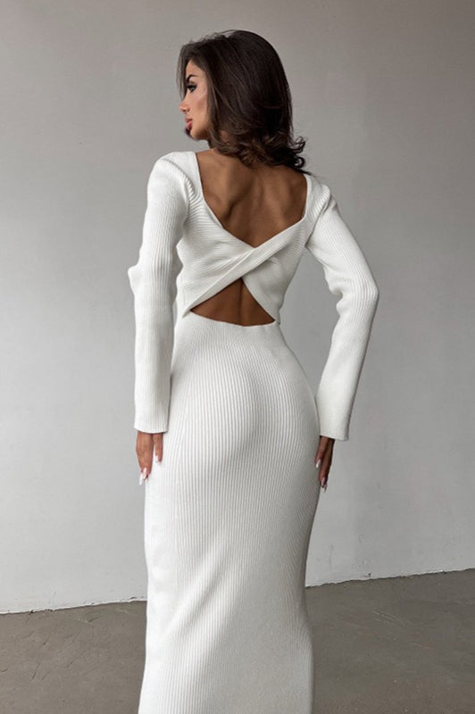 White Slim Convertible Backless Sweater Dress