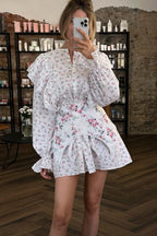 White Long Sleeve Ruffle Trim Detachable Belt Mini Floral Print Dress