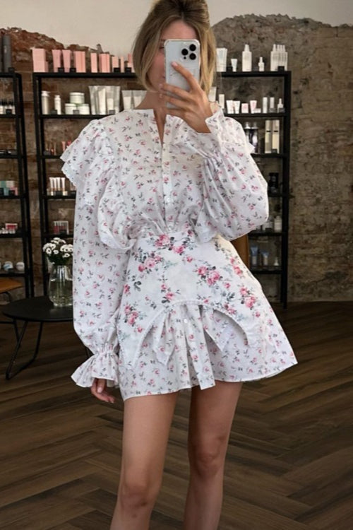 White Long Sleeve Ruffle Trim Detachable Belt Mini Floral Print Dress