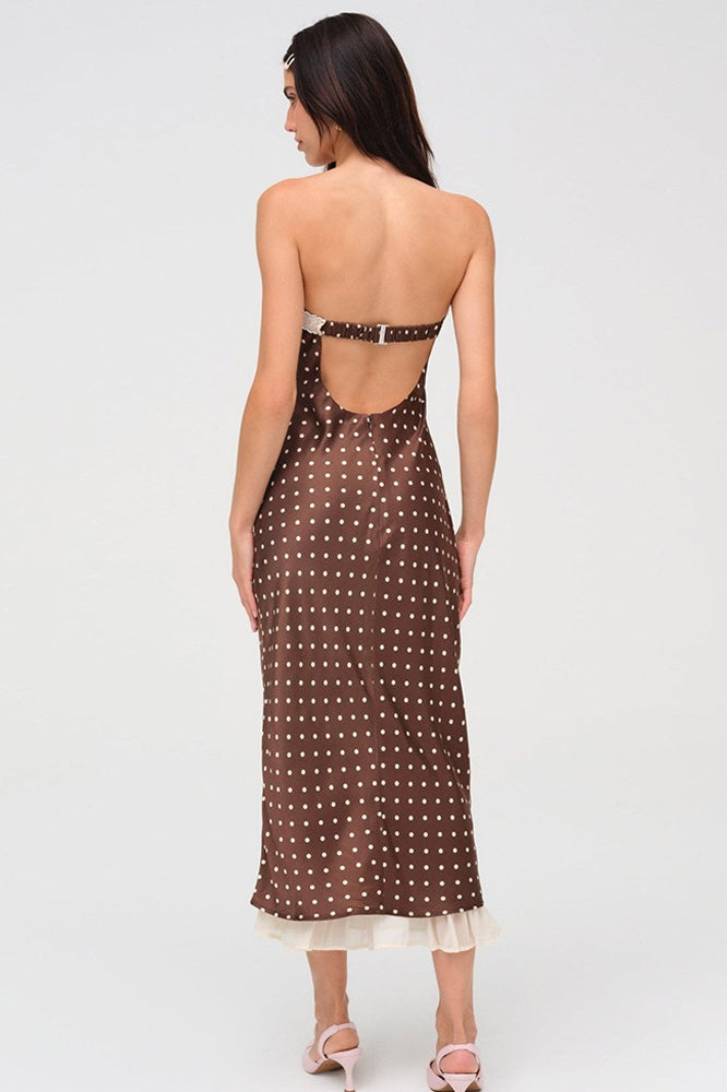 Brown Satin Polka Dot Strapless Backless Maxi Dress