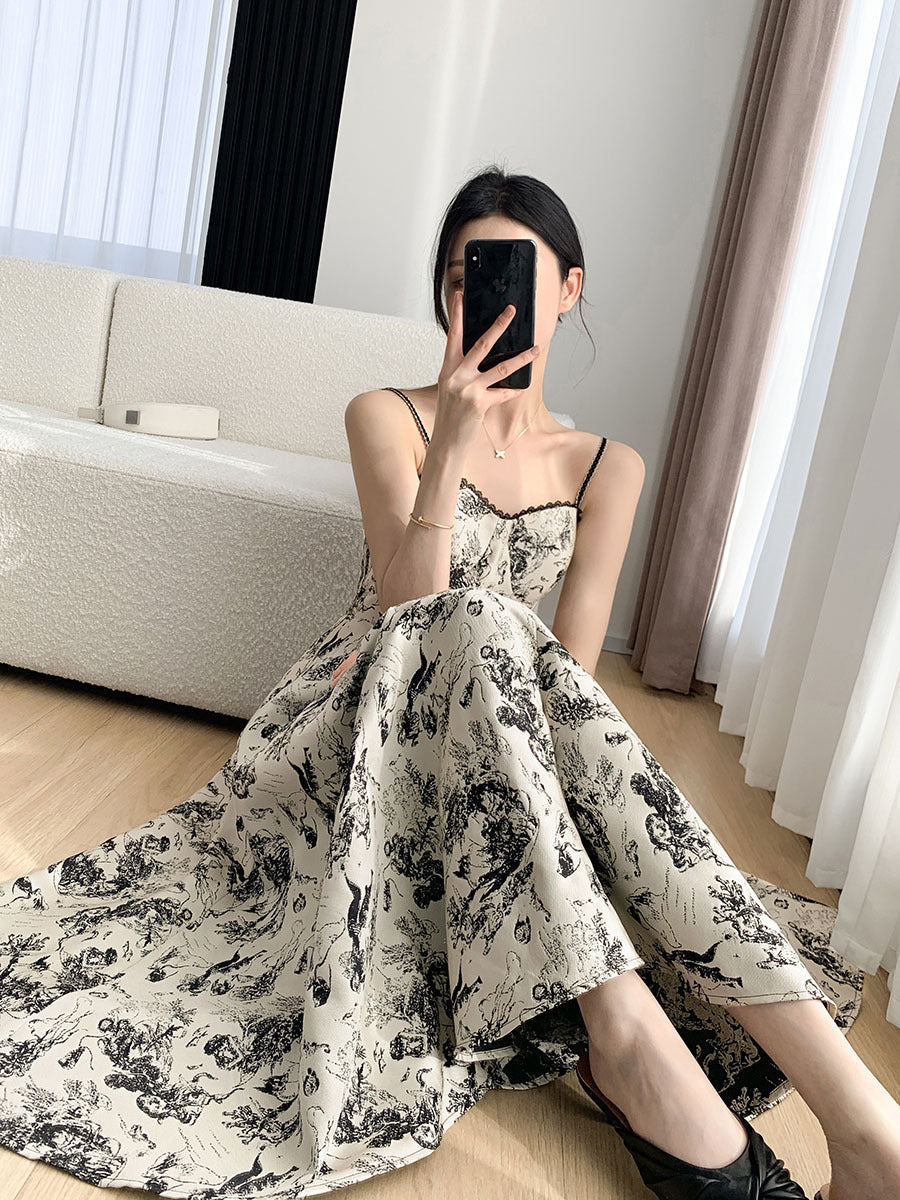 Toile Print Square Neck Spaghetti Strap Lace Trim A-Line Midi Dress