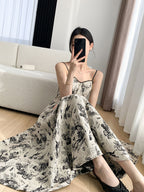 Toile Print Square Neck Spaghetti Strap Lace Trim A-Line Midi Dress