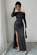 Mesh Long Sleeve Off Shoulder Sweetheart Sequin High Split Bodycon Gown