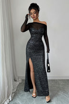 Mesh Long Sleeve Off Shoulder Sweetheart Sequin High Split Bodycon Gown