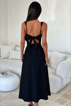 Square Neck Gathered Bust Wide Strap Pleated Pocket Midi Dress