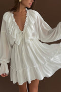 Solid Color V-neck Ruffled Ruched Long-sleeved Vacation Mini Dress