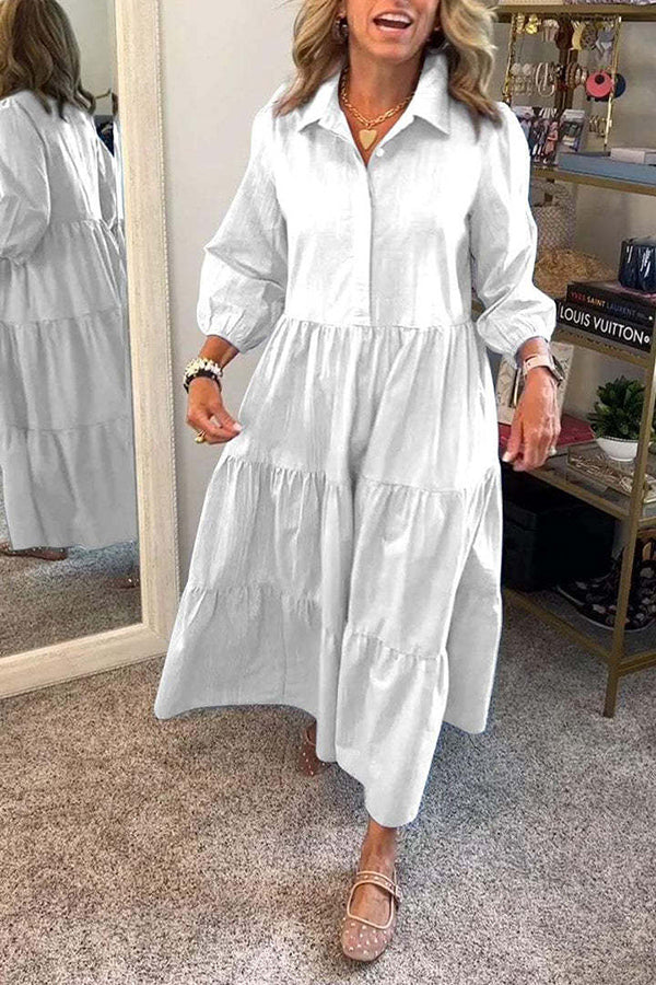 Collared Button Front Tiered Elastic Cuff Long Sleeve Midi Shirt Dress