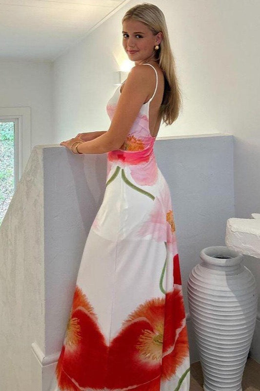 Spaghetti Strap Scoop Neck Oversized Floral Placement Print Maxi Dress