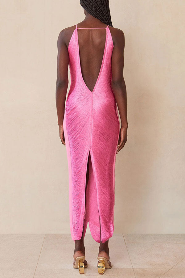 Metallic Pleated Fringe Halter Neck Backless Slit Maxi Gown