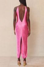 Metallic Pleated Fringe Halter Neck Backless Slit Maxi Gown