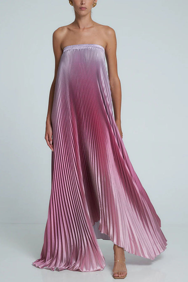 Satin Pleated Strapless Column Maxi Dress