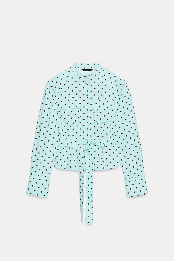 Trisha Linen Blend Polka Dot Stand Neck Belted Jacket and Low-Rise Pocket Mini Shorts Set