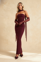 Strapless Ruched Waist Bodycon Maxi Dress Mesh Gloves Scarf Set