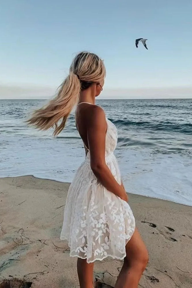 White Lace Mesh Backless Dress