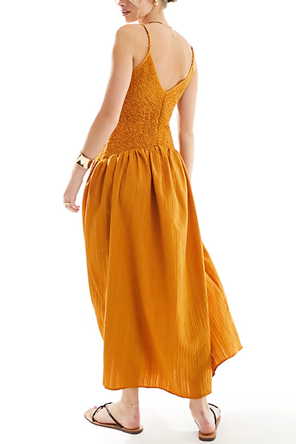 Smocked Bodice Crinkle Texture Spaghetti Strap V-Neck Maxi Dress