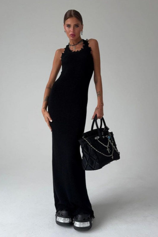 Distressed Knit Scoop Neck Tank Sleeveless Bodycon Maxi Sweater Dress