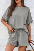 Solid Color Bat Sleeve T-shirt Shorts Set