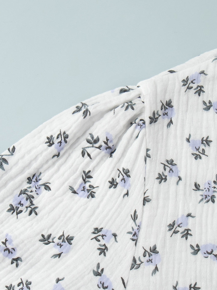 Pure Cotton Bandage Wrap-up Puff Sleeve Printed Comfort Maxi Dresses