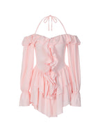 Solid Halter Ruffled Trim Mini Dress