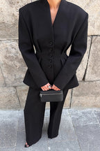 Ruched V Neck Waist Cinched Blazer Pants Two Piece Set