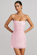 Kerra Sheer Embellished Square-Neck Mini Dress