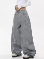 American Retro Striped Scimitar Banana Boyfriend Jeans