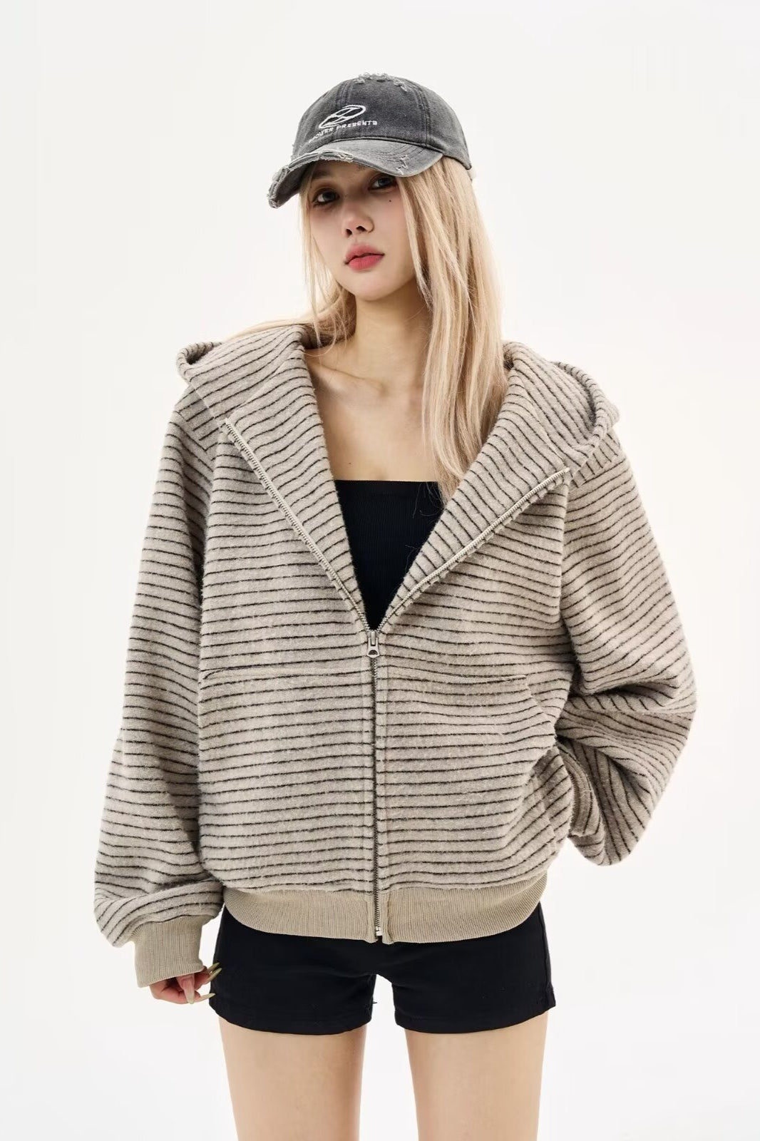Black Knit Dual-Zip Mesh Fingerloop Hoodie