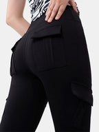 Solid Multi Pocket High Rise Flare Leg Pants