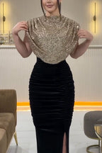 Sequin Draped Shoulder Ruched Velvet High Slit Maxi Gown