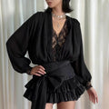 Lace Panel Deep V-Neck Bishop Sleeve Tiered Ruffle Two-Piece Set