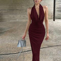 Ruched Halter Neck Deep V-Neck Backless Bodycon Maxi Dress