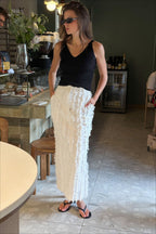 White Jacquard Cotton Linen Maxi Skirt