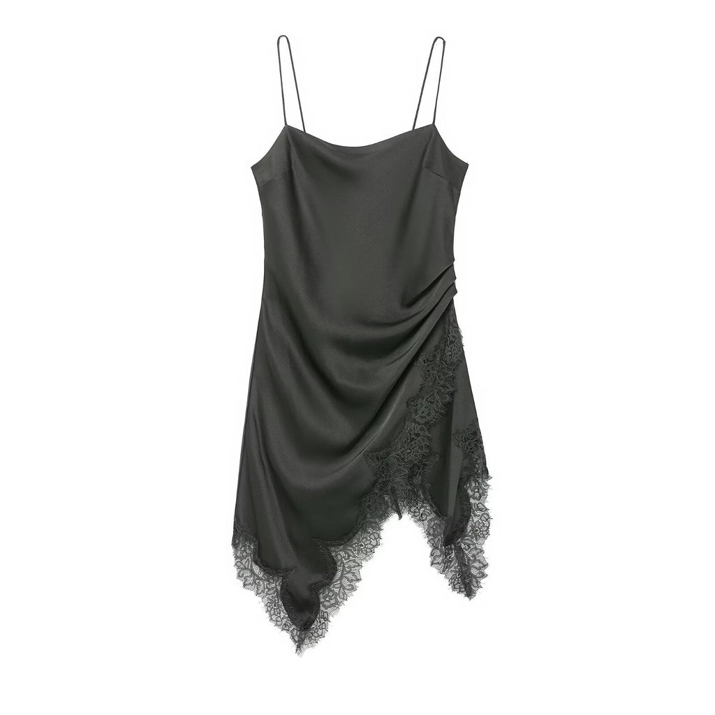 Satin Cowl Neck Spaghetti Strap Lace Trim Asymmetrical Hem Mini Slip Dress