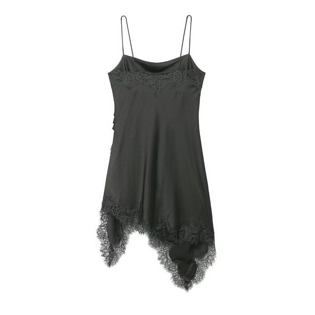 Satin Cowl Neck Spaghetti Strap Lace Trim Asymmetrical Hem Mini Slip Dress