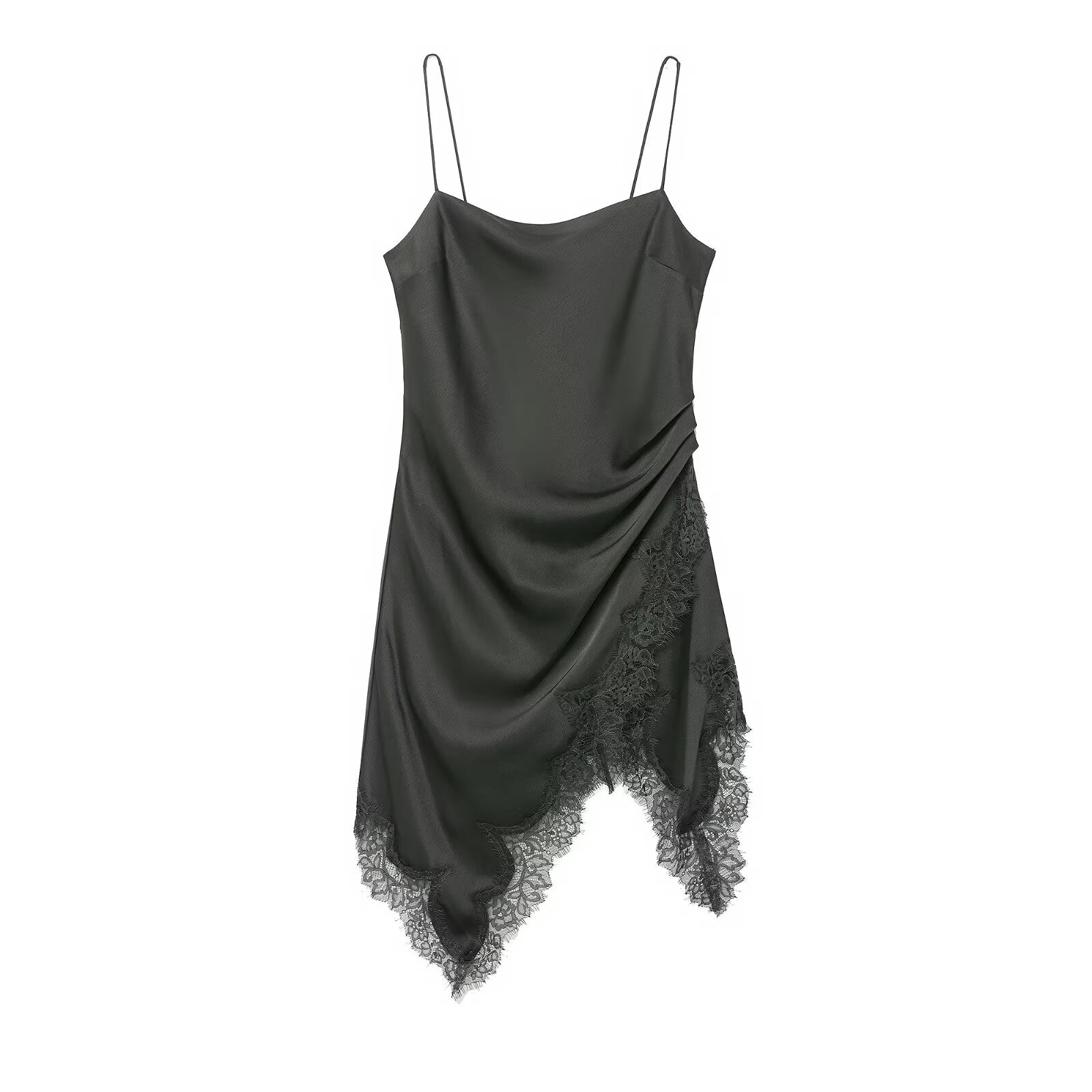Satin Cowl Neck Spaghetti Strap Lace Trim Asymmetrical Hem Mini Slip Dress