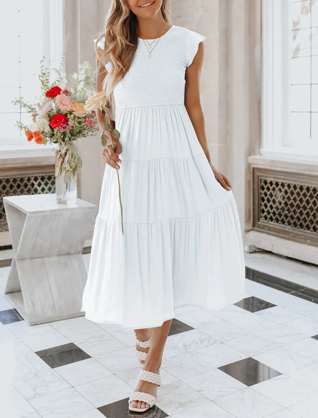 Smocked Bodice Flutter Sleeve Tiered A-Line Midi Dress