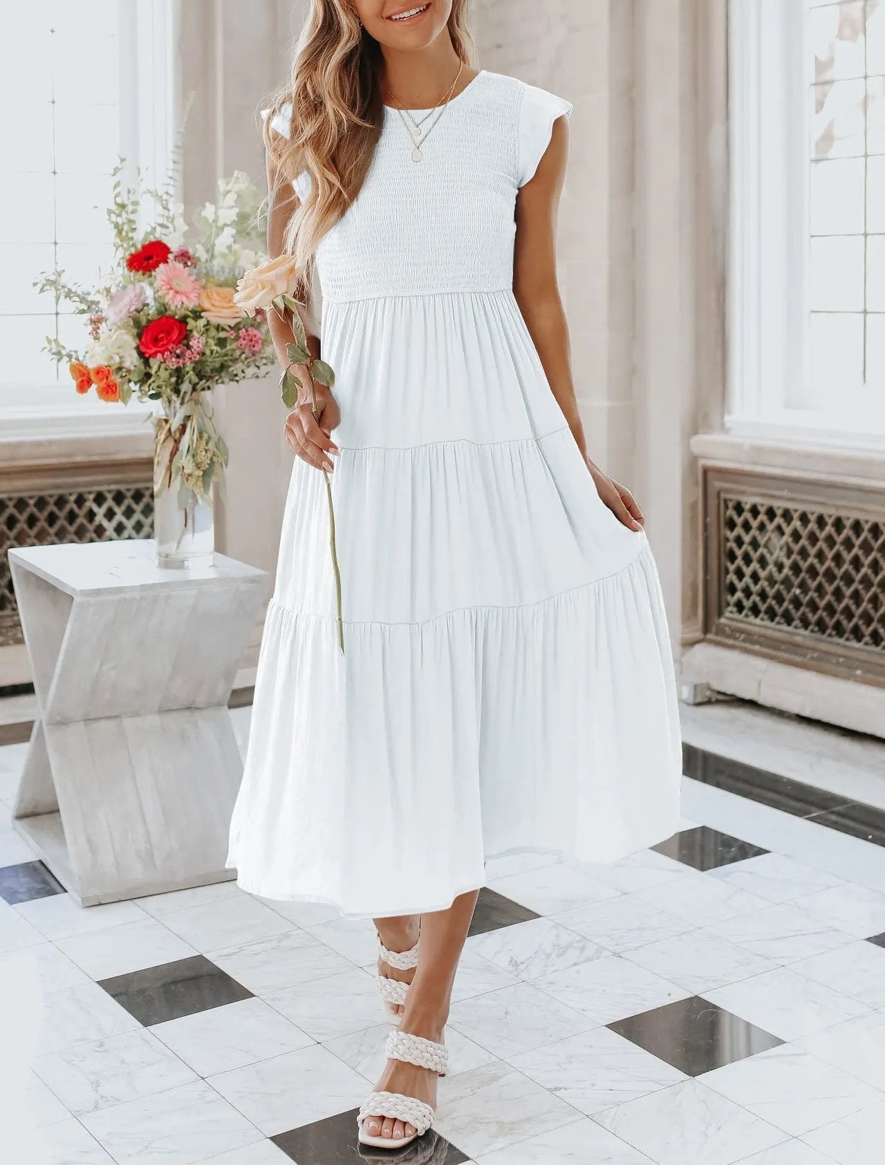 Smocked Bodice Flutter Sleeve Tiered A-Line Midi Dress