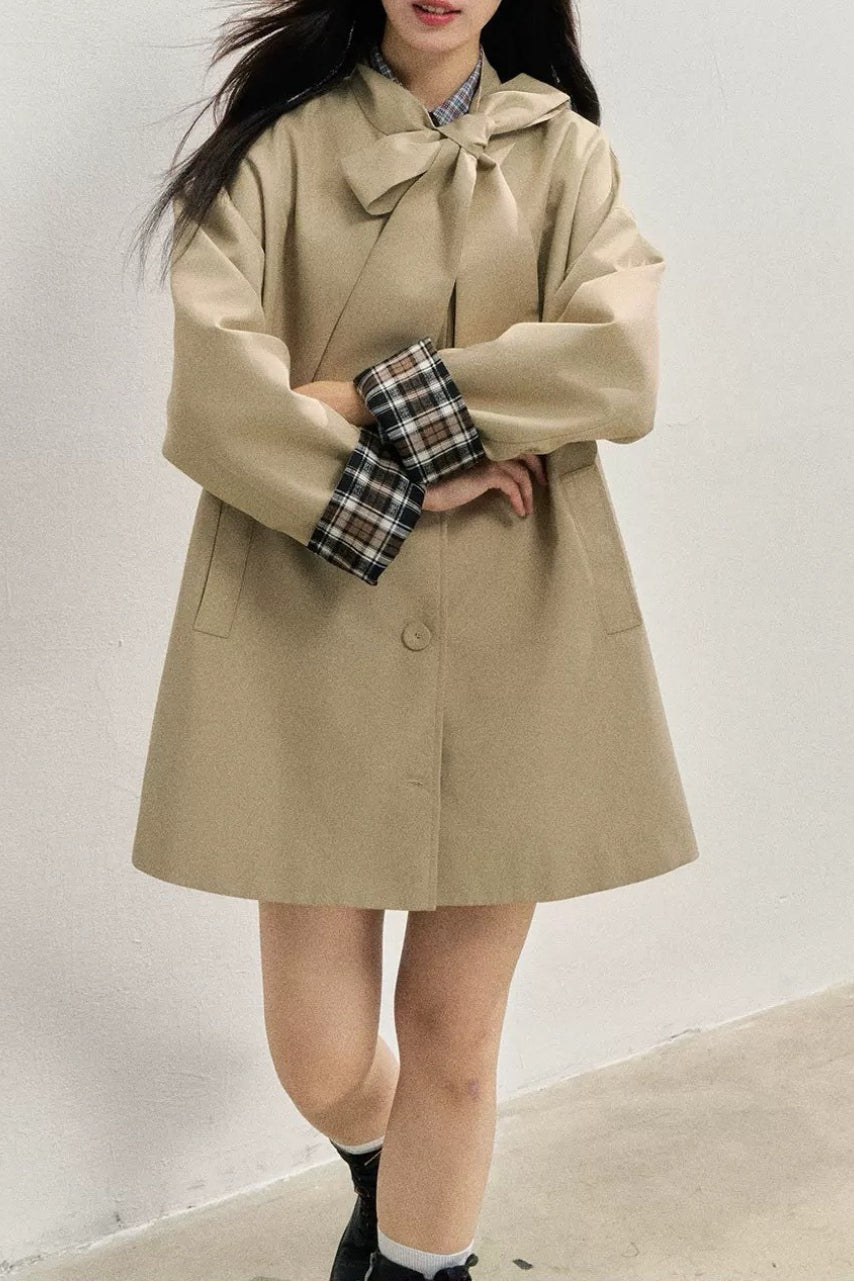 Plaid Blend Bow Front Coat