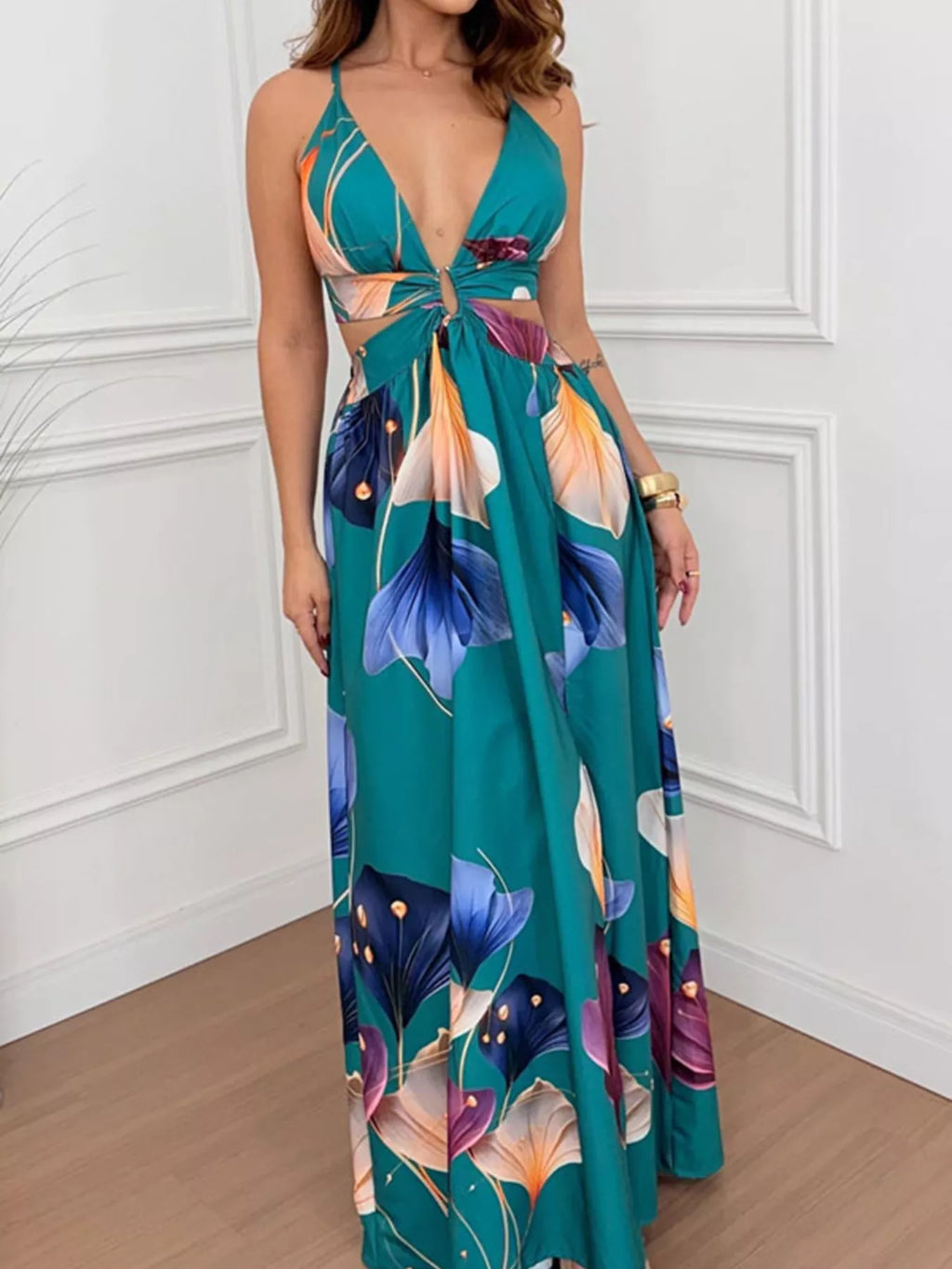 Tropical Print Plunge Cutout Slit Maxi Dress