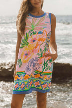 Summer Unique Print Loose Round Neck Sleeveless Casual Pocket Mini Dress