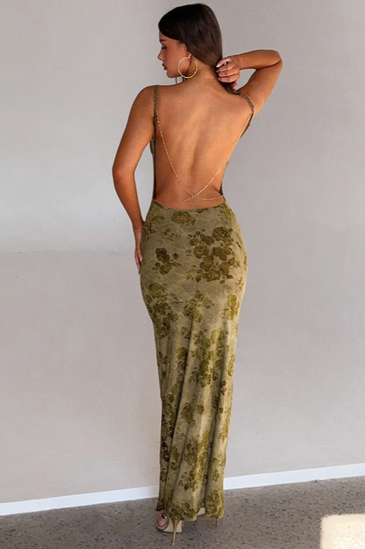 Green Spaghetti Strap Backless Chain Detail Burnout Floral Mesh Maxi Dress