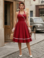 Retro Glamour Dress 1950s Style Burgundy Layered Buttons Sleeveless Sweetheart Neck Swing Dress