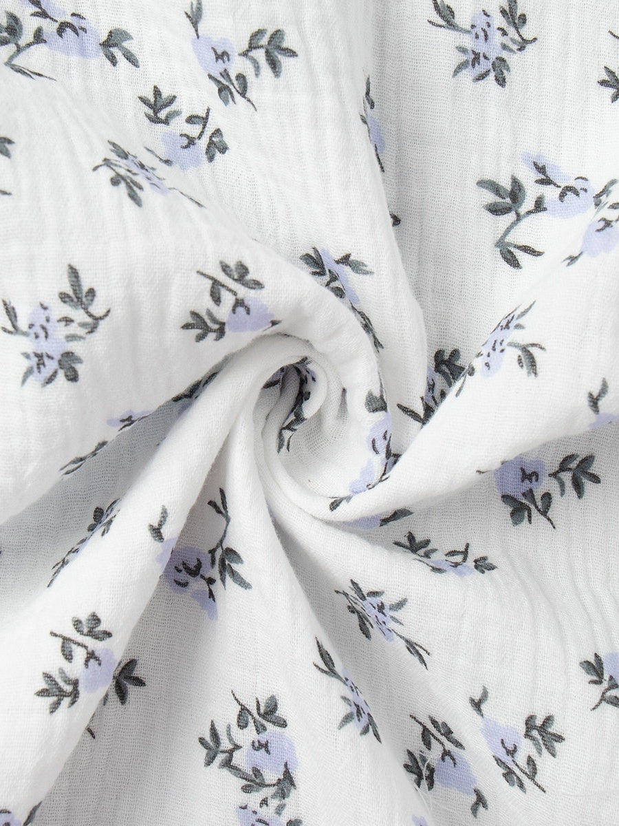 Pure Cotton Bandage Wrap-up Puff Sleeve Printed Comfort Maxi Dresses