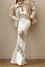Halter Wrap V-Neck Chevron Lace Panel Satin Maxi Gown