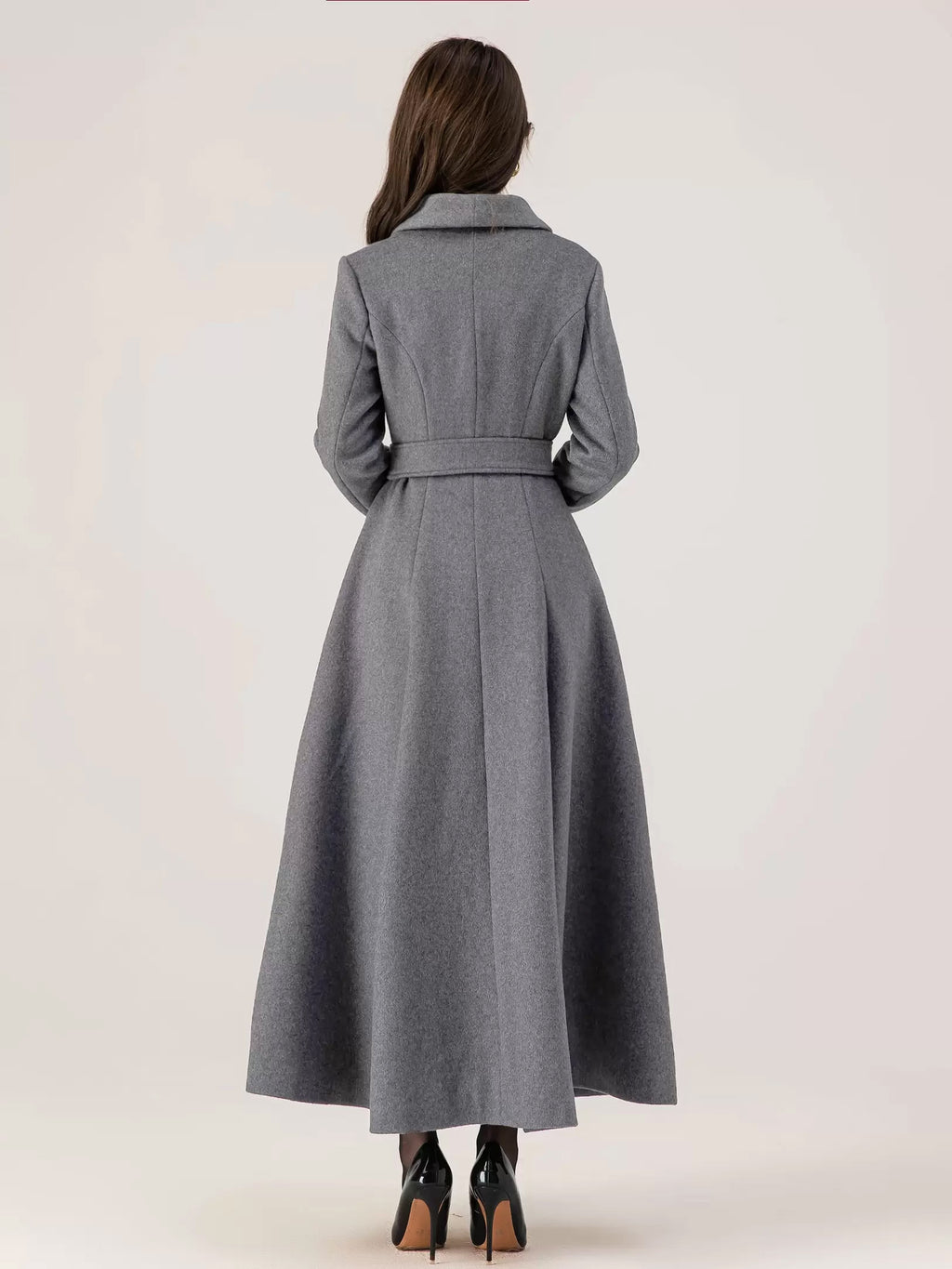 Long Woolen Flared Coat Gray Belted Winter Full Length Outerwear For Women 2026