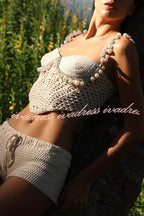 Mirina Hollow Crochet Knit Pearl Trim Heart Collar Crop Vacation Tank